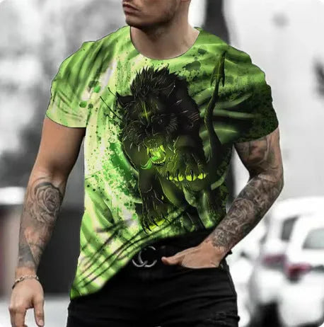 Retro 3D animal print design on a men's light grey short-sleeved T-shirt.