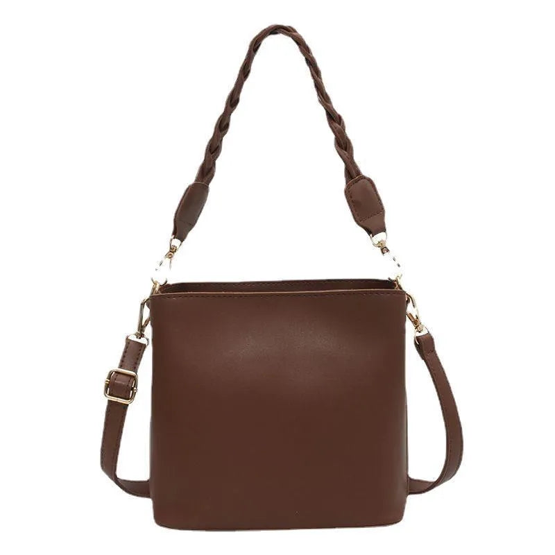 Retro woven PU leather one-shoulder crossbody underarm bucket bag in khaki colour