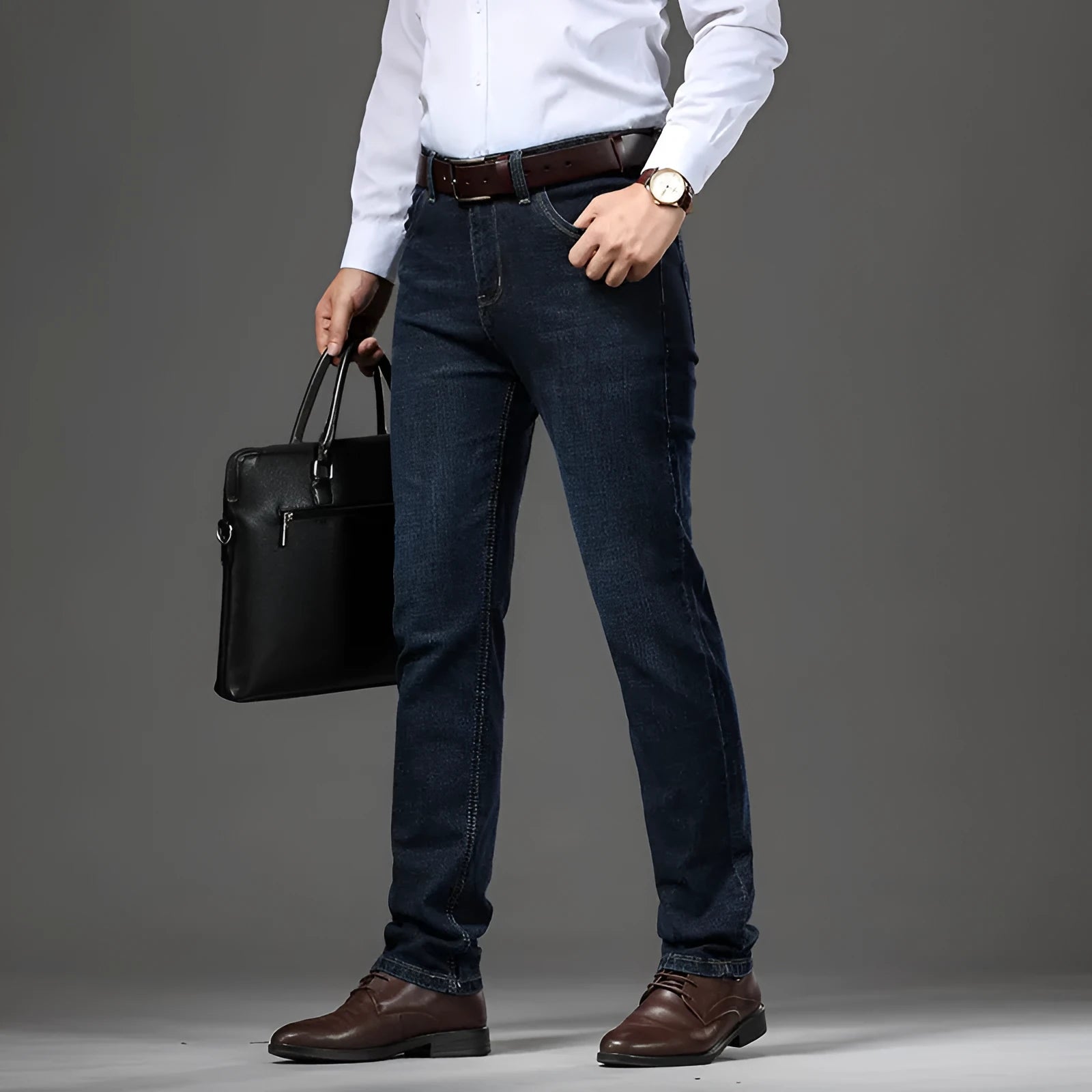 Men's black stretch jeans loose fit straight leg business casual trousers
