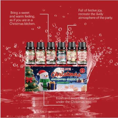 Christmas aromatherapy oil set showing six bottles with 60ml and 10ml sizes for diffusers