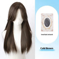 Long straight black wig with forehead lace and side bangs made from high temperature fibre.