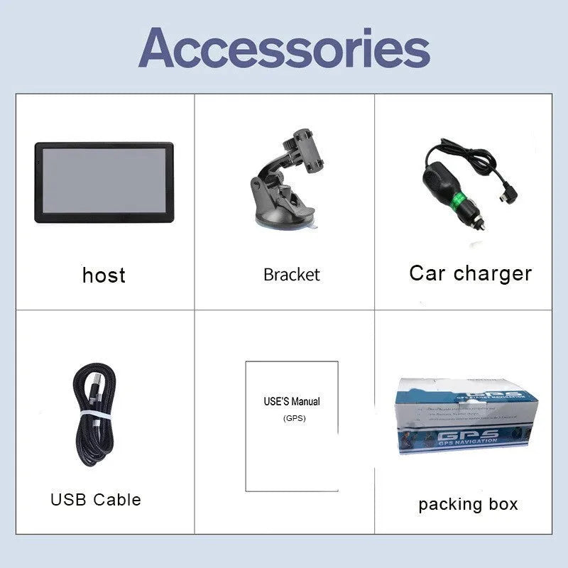 7 inch portable car GPS navigation device with touch screen display and vehicle mounting bracket