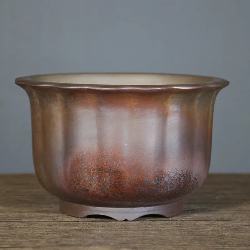 Purple sand ceramic flower pot with antique carved wood burning texture for indoor plants