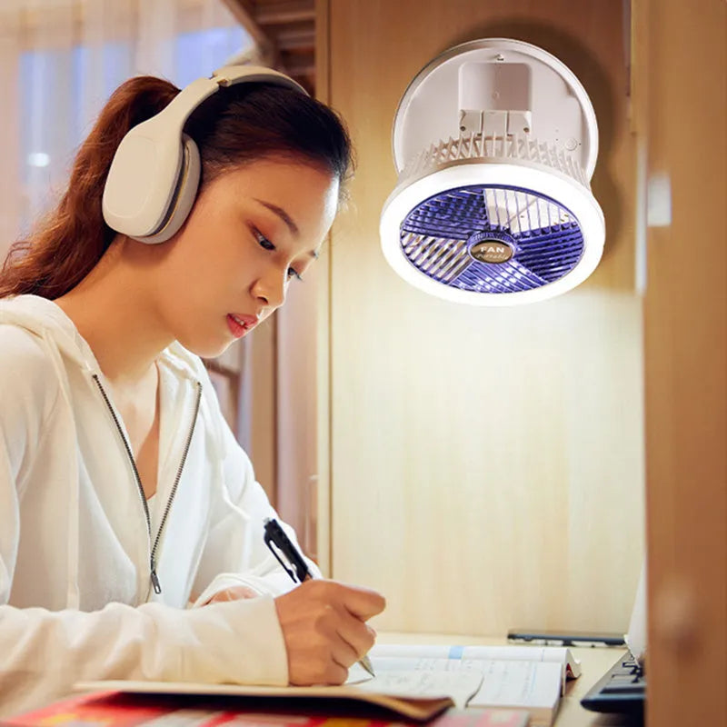 Blue or grey foldable USB desk fan with LED light showing wall mount and ceiling hanging options