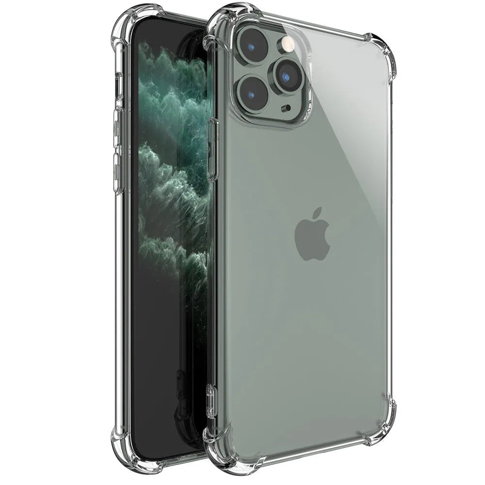 Clear transparent TPU shockproof phone case for multiple iPhone models on a table.
