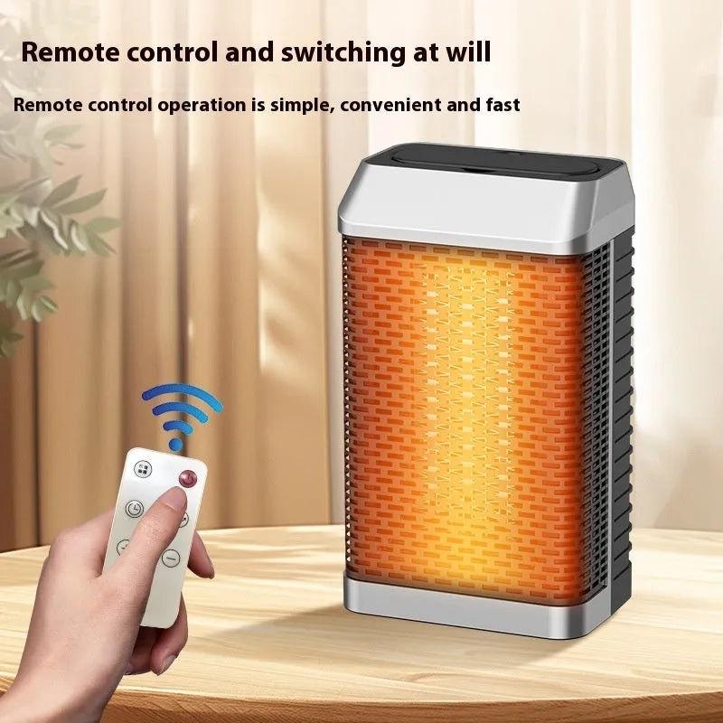 Black remote control desktop smart heater with oscillating head on a wooden desk.