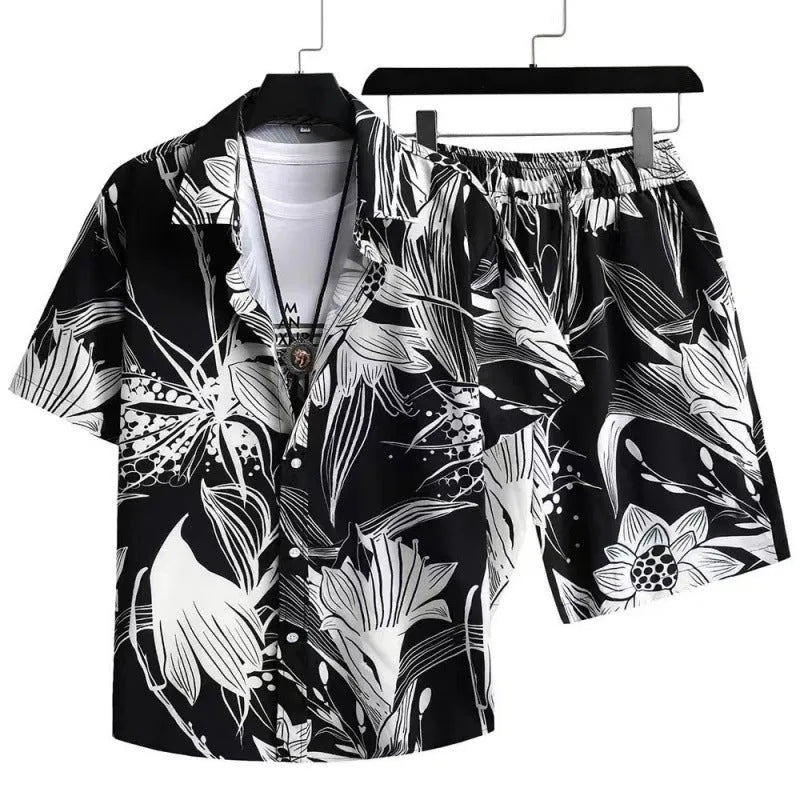 Men's casual short sleeve cardigan suit with digital printing and matching shorts