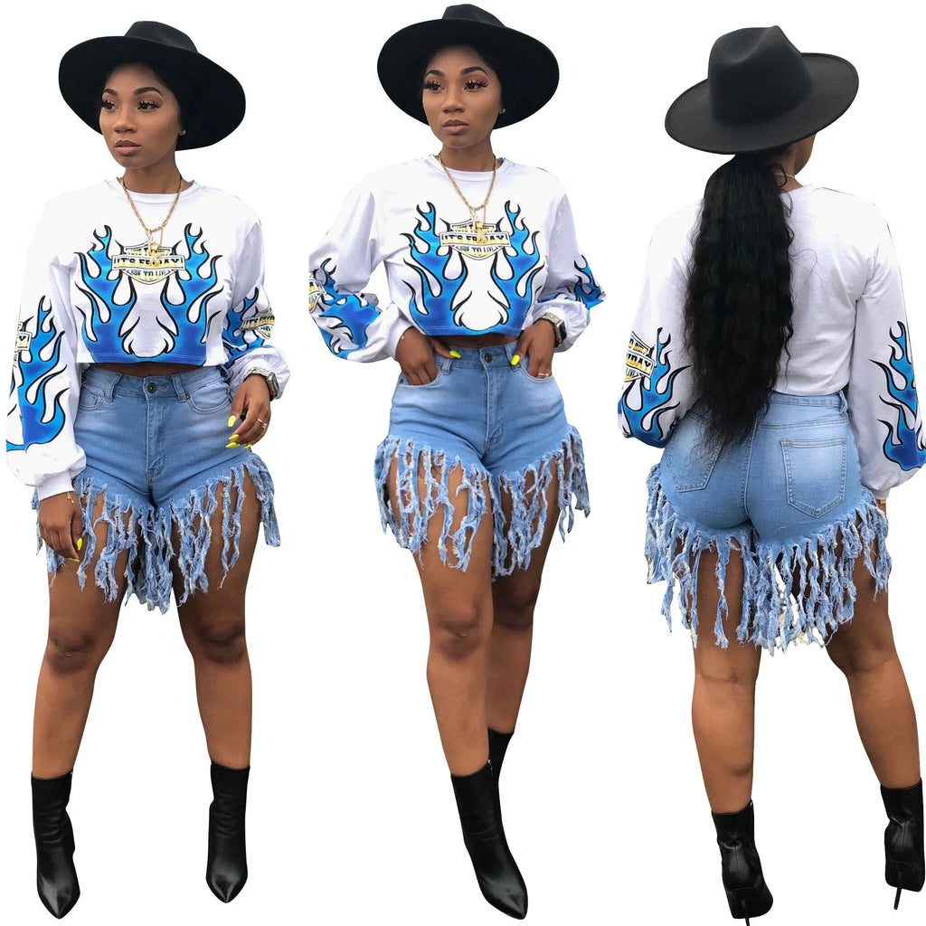 Women's flame positioning printed long-sleeved sweater in white polyester, loose fit street fashion pullover