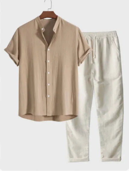 Men's loose fit casual short sleeve shirt and trousers set in linen-look fabric
