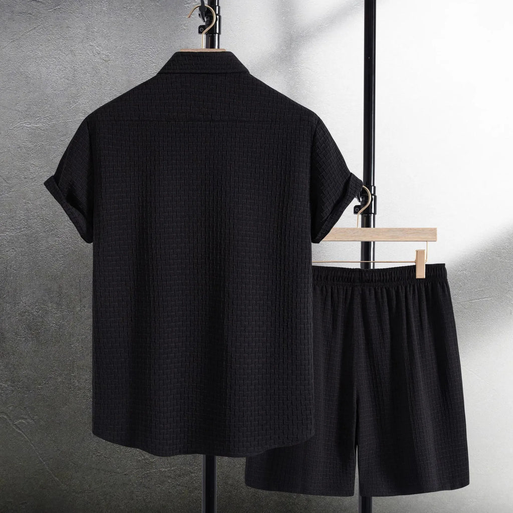 Men's cotton blend beach shorts and shirt two-piece set in loose cardigan style