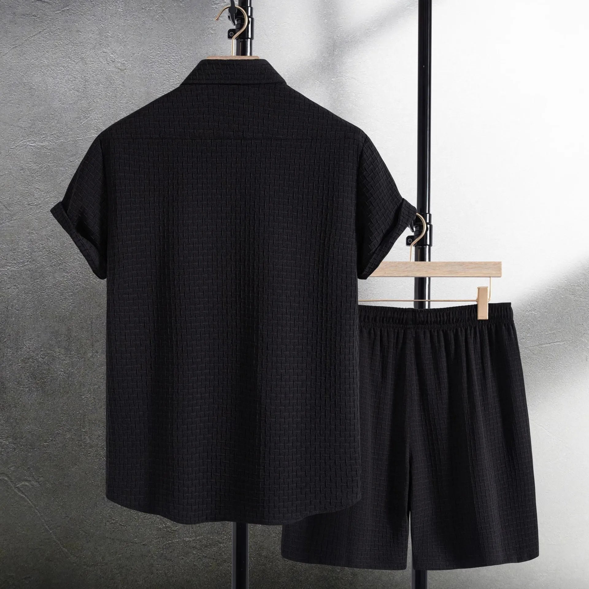 Men's cotton blend beach shorts and shirt two-piece set in loose cardigan style