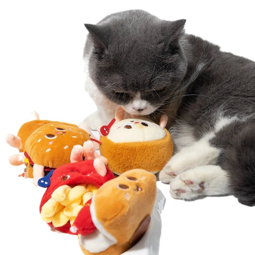 Set of five plush cat chew toys shaped like a hamburger, chicken leg, fries, bread, and hot dog.