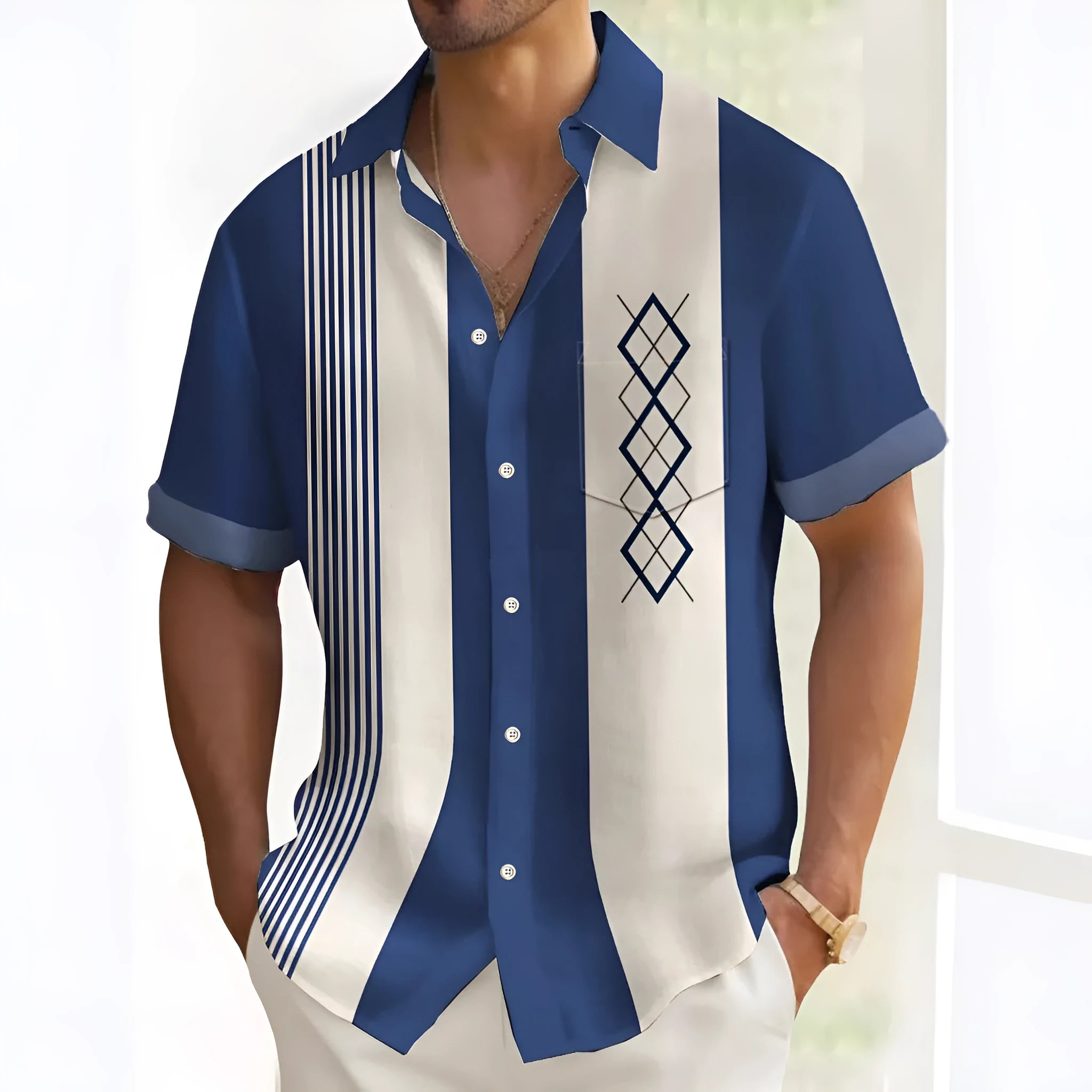 Men's loose fit casual printed shirt in a multicolour pattern, cardigan style.