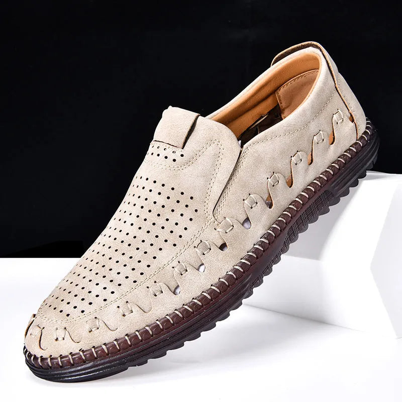 Men's brown slip-on casual shoes with round toe, flat heel, and visible sewing line details.