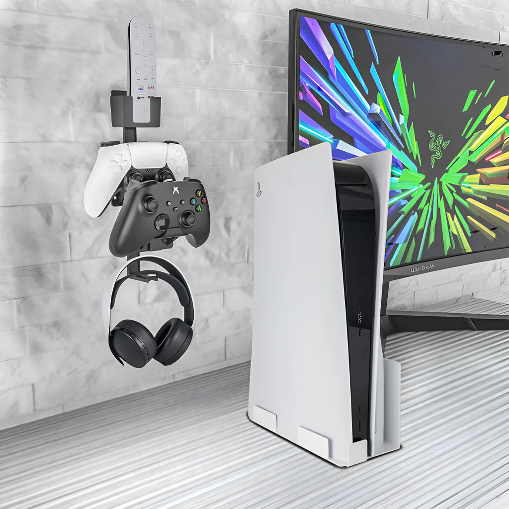 White wall-mounted storage hook holding a PS5 controller and a gaming headset.