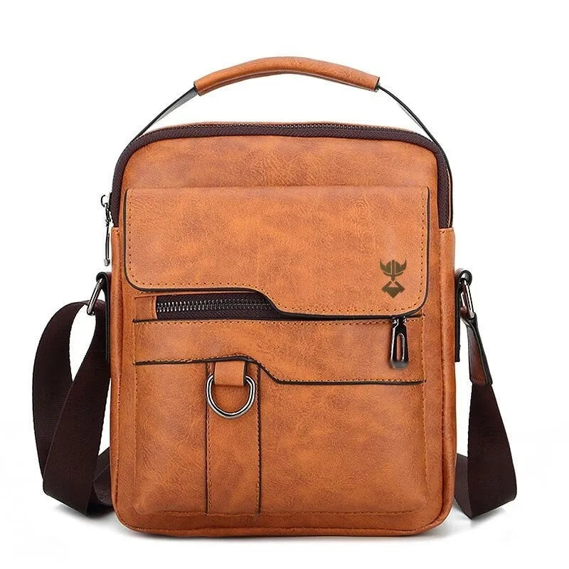 Khaki PU leather men's shoulder bag showing square design and adjustable strap