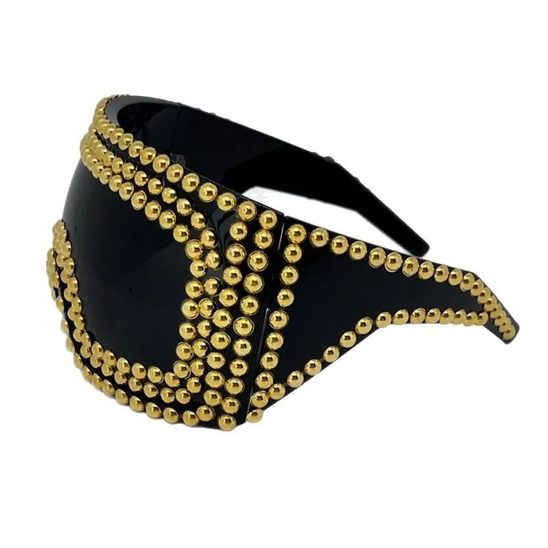 Men's punk style square sunglasses with large rim and rivet detailing in gold colour