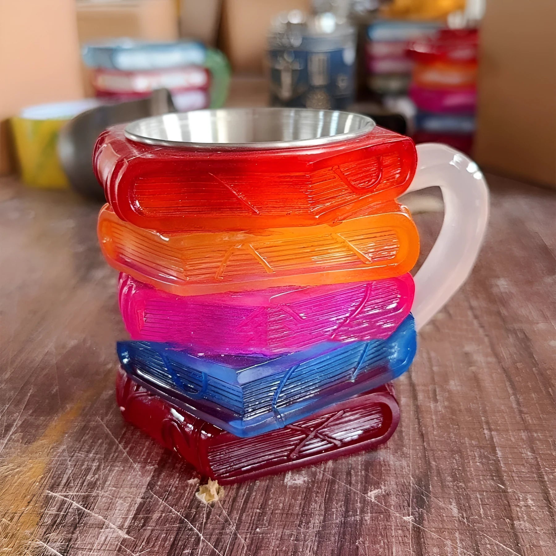 Synthetic resin painted bookmark coffee cup decoration with library design, 13 cm tall