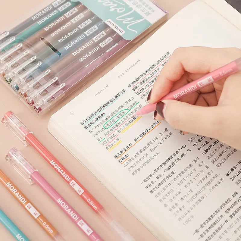 Retro hand account gel pen set showing nine colour pens with 0.5mm needle tips and plastic construction