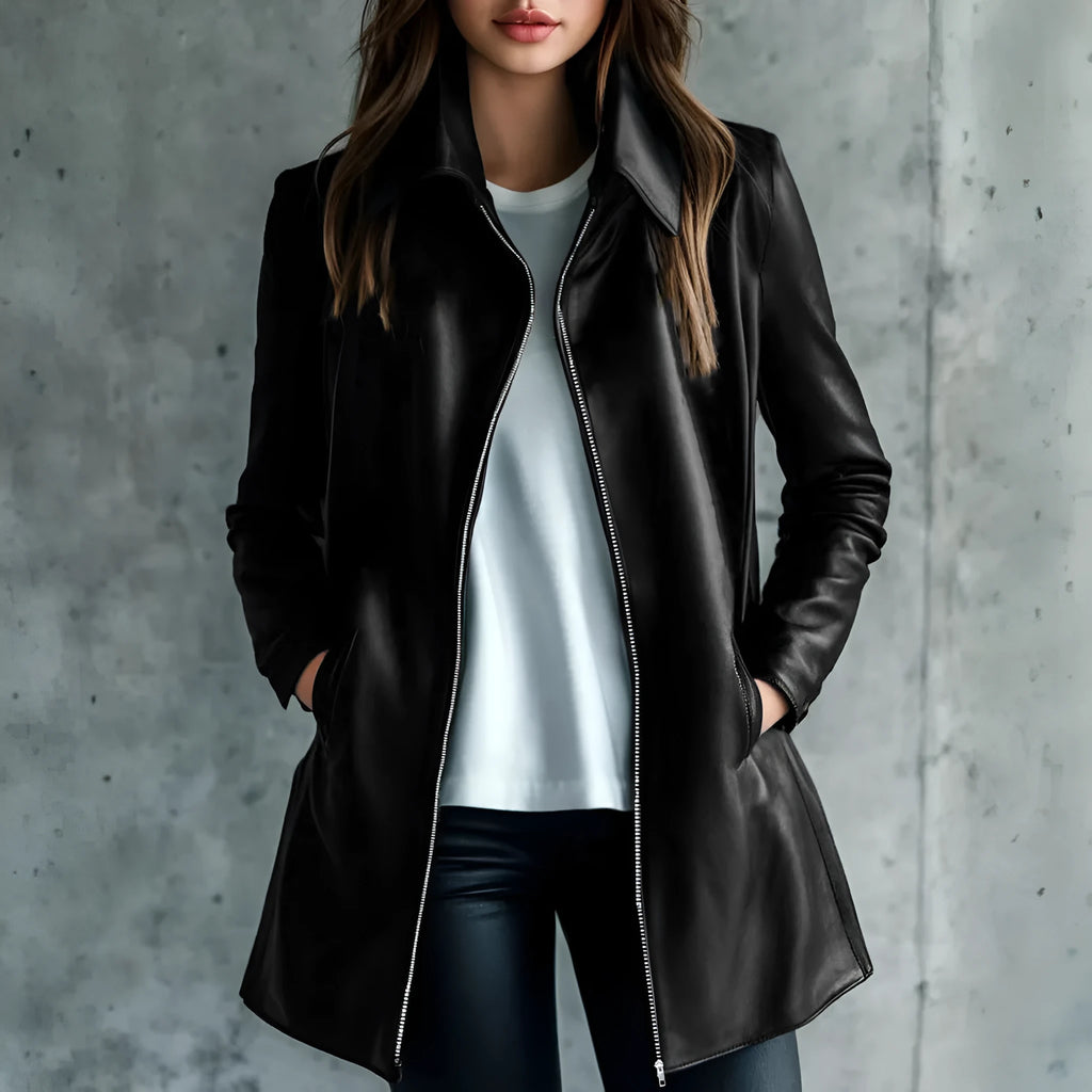 Black women's polyester leather jacket with medium length and long sleeves
