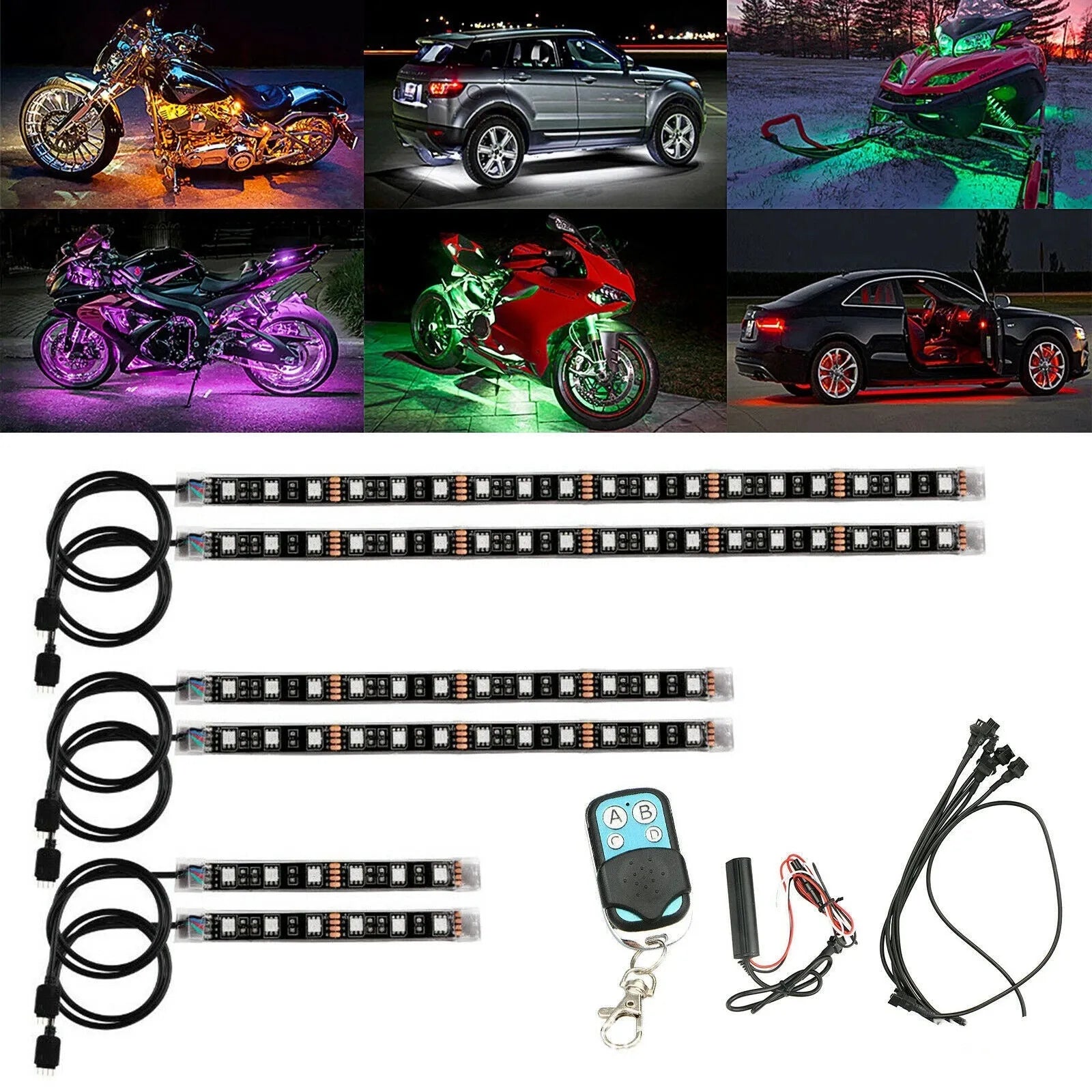 RGB LED vehicle light bar with remote control for motorcycle and car interior atmosphere lighting