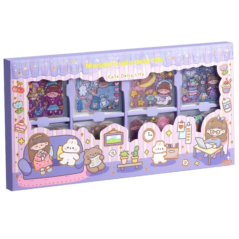 Box of children's repositionable stickers in five decorative themes for creative play