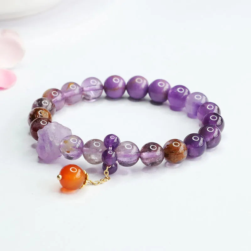Nine purple amethyst and red agate crystal bracelet in mori style with 7-8mm beads