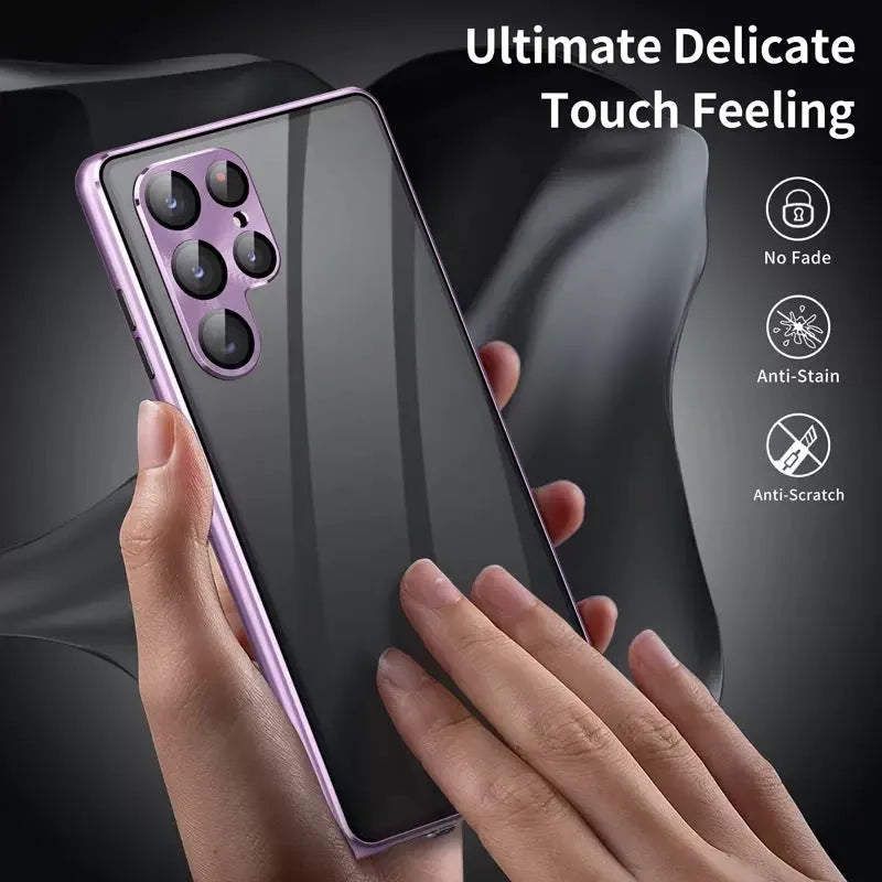 Peep-proof magnetic mirror phone case in multiple colours for Samsung S24 Ultra and S23 Ultra.