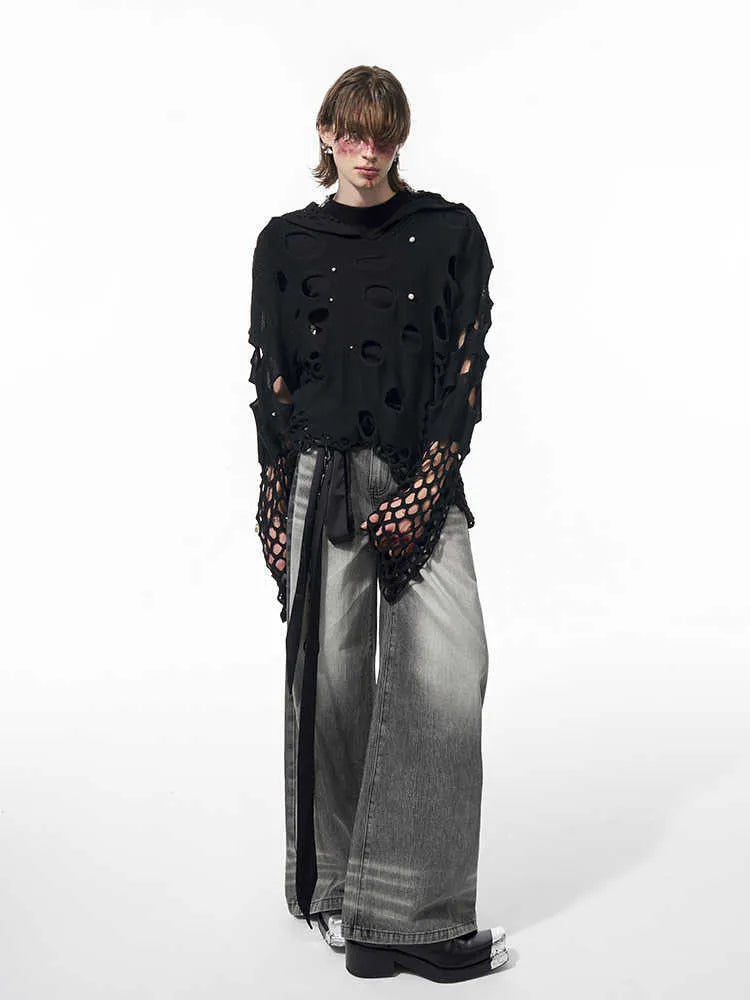 Men's black loose hoodie with pearl decorations on the hood, thin material.