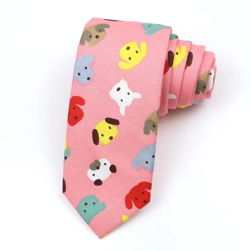 Korean style narrow men's cotton bow tie with a cartoon print pattern on an adjustable neck band.