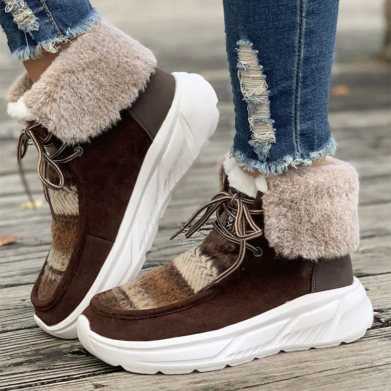 Women's beige lace-up snow boots with plush lining and non-slip rubber soles