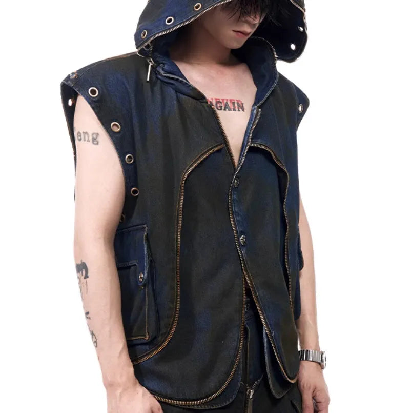 Blue hooded denim-style vest and matching trousers set with front zipper in Korean heavy industry deconstructs style.