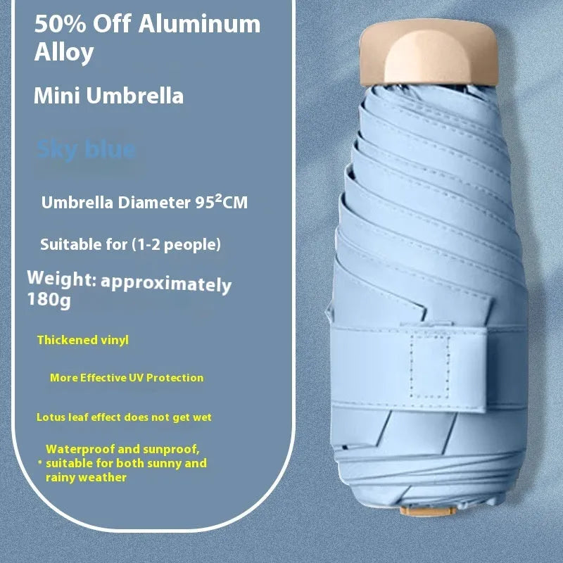 Compact five-fold sun umbrella with a gradient vinyl-laminated canopy and an alloy frame.