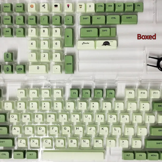 124 Key Matcha green PBT sublimation keycap set for mechanical keyboards laid out flat.