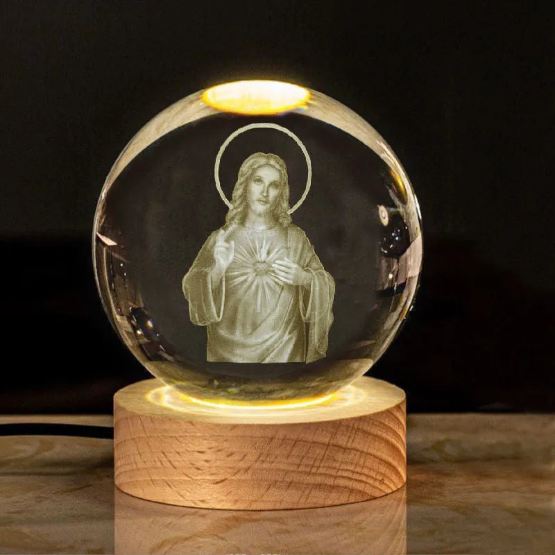 White crystal ball lamp with solid wood base and warm lighting in religious designs