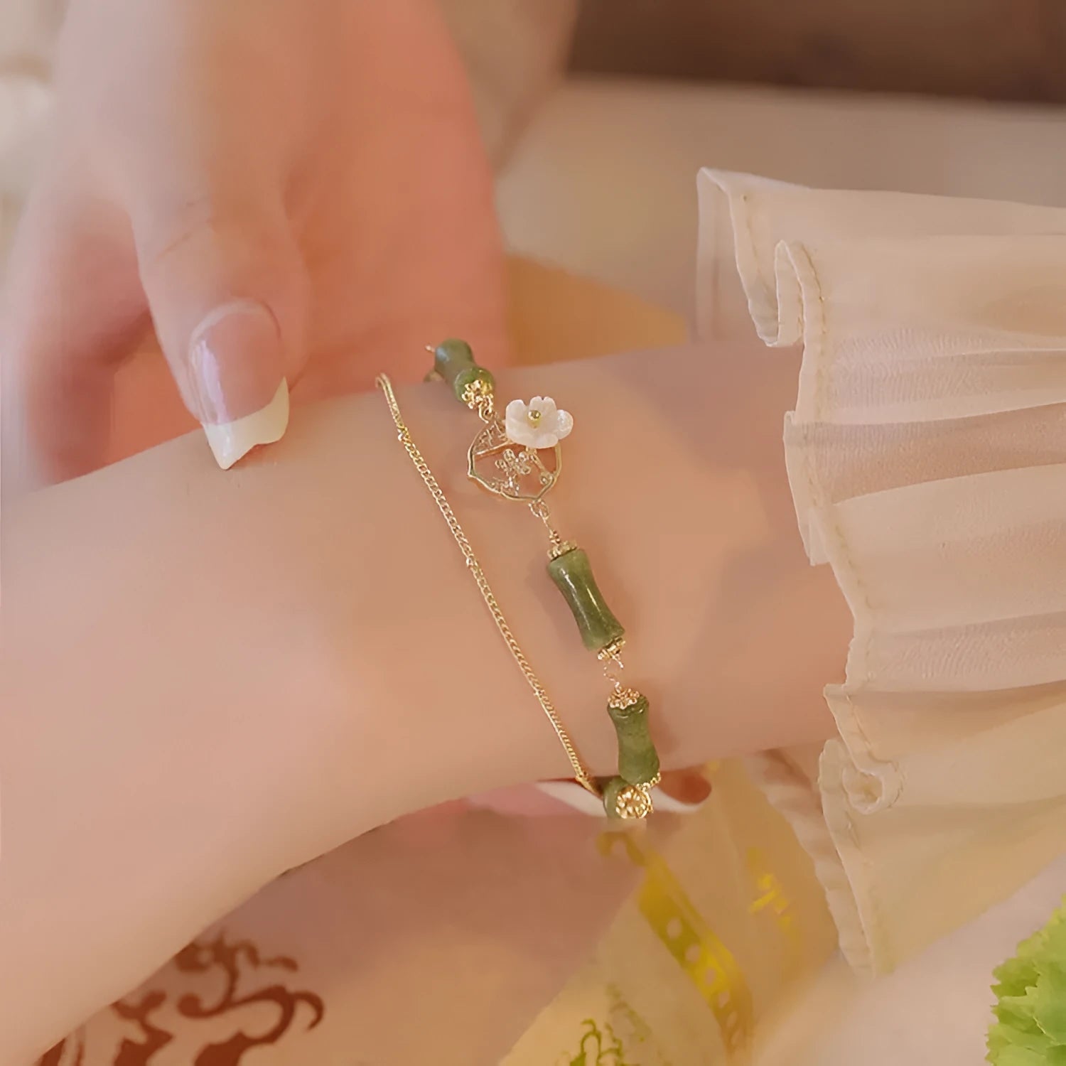 Natural green olivine stone bracelet with twin bells and double layer design