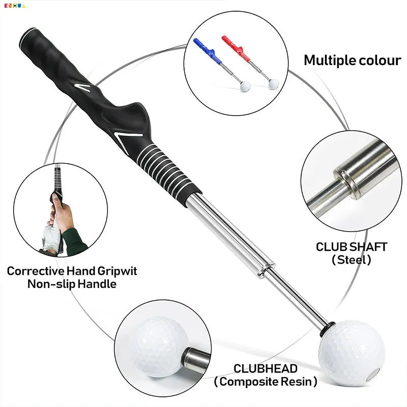 Telescopic golf swing training aid in stainless steel available in three colours