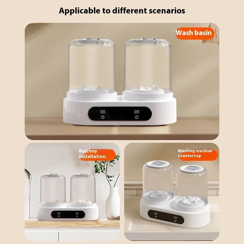 White double bucket mini washing machine with USB power connection for portable small garment laundry