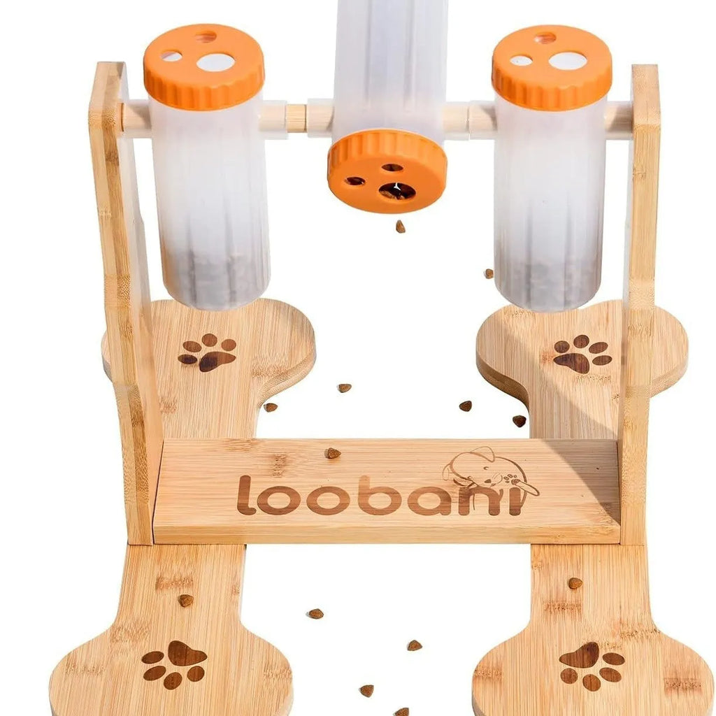 Natural wood dog puzzle toy treat dispenser measuring 31x30x20cm