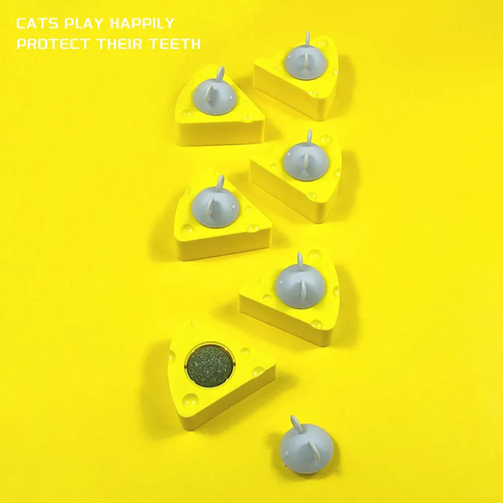 Five yellow catnip chew toy balls for feline dental care and play
