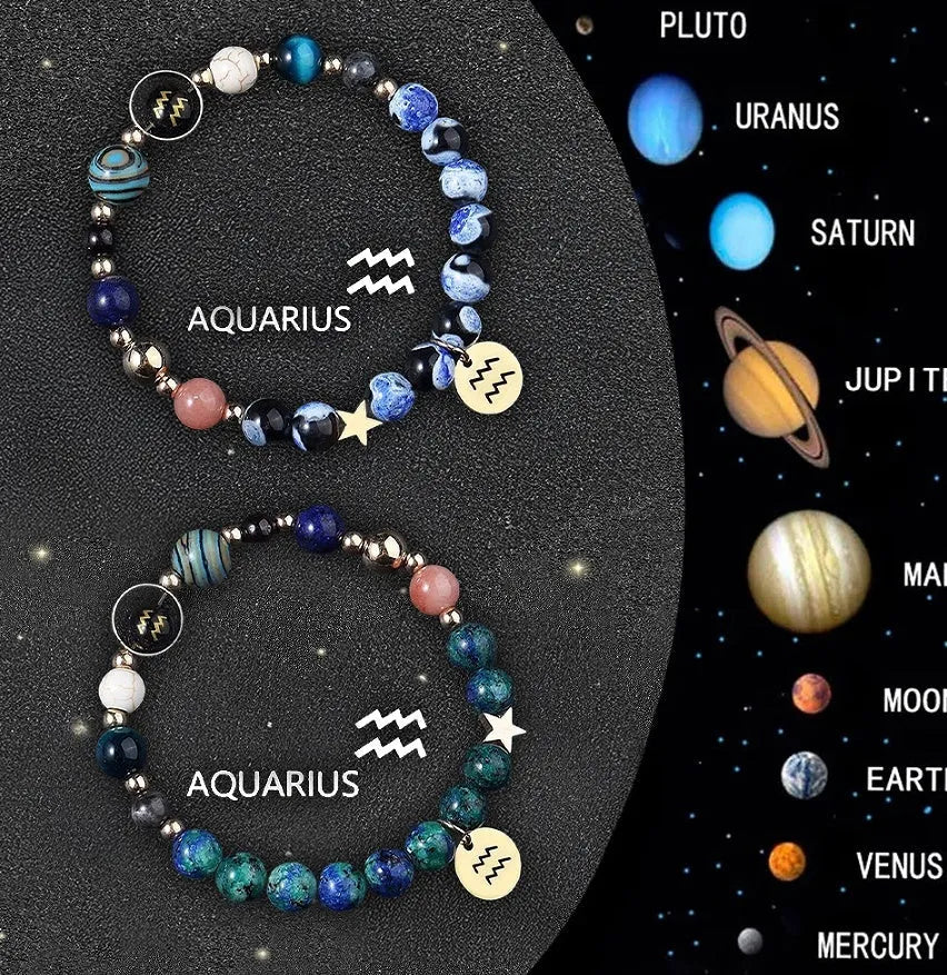 Twelve zodiac sign bracelets with natural stone beads on elastic string showing different astrological designs