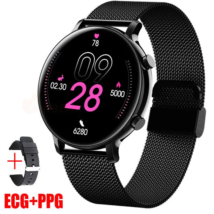 Bluetooth smartwatch with stainless steel strap showing call function and health metrics on screen.