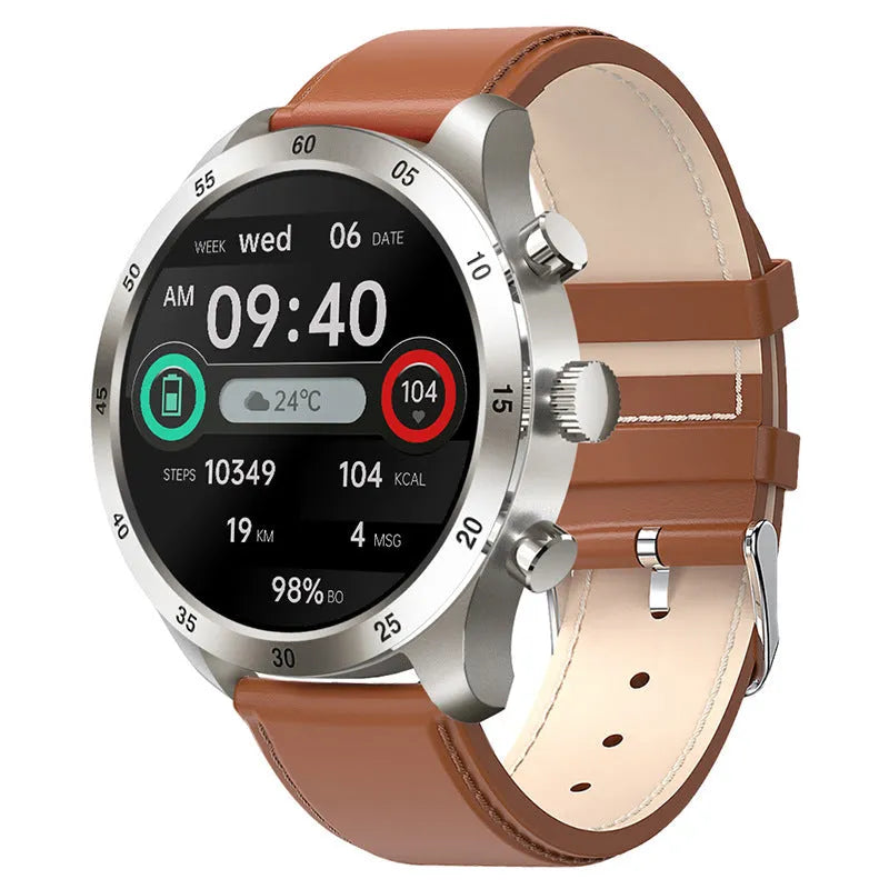 Smart watch with Bluetooth calling display showing music playback and health metrics
