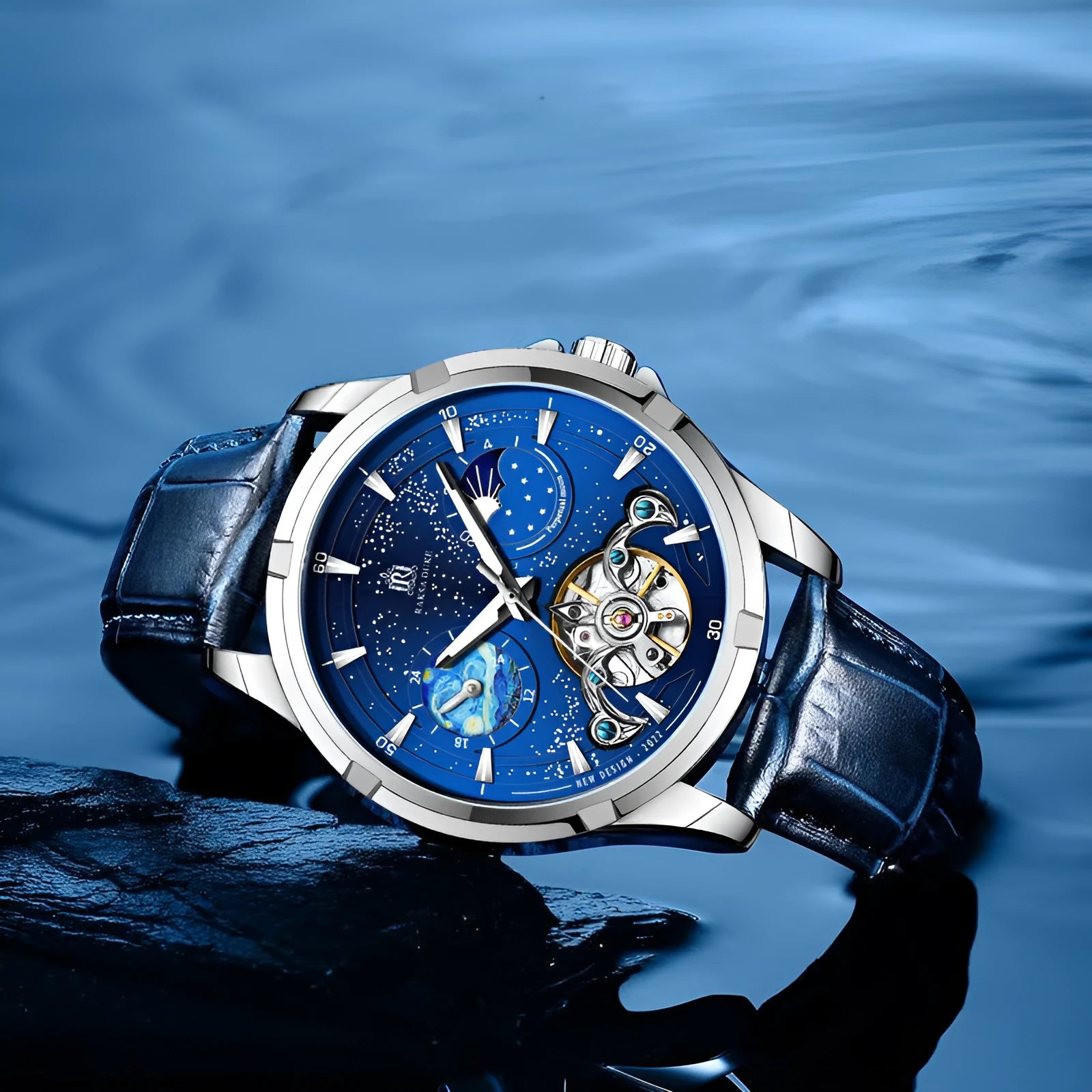 Men's automatic mechanical watch with blue dial and stainless steel case showing 14mm thickness