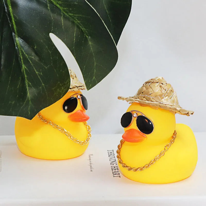 Yellow cartoon duck car ornament with straw hat and adhesive mounting kit