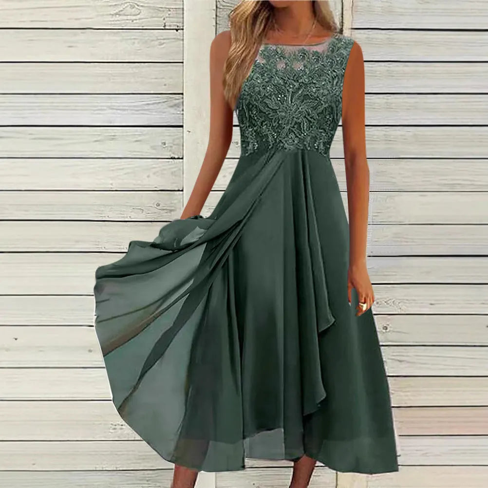 Women's sleeveless chiffon dress with hollow-out lace stitching detail in princess style