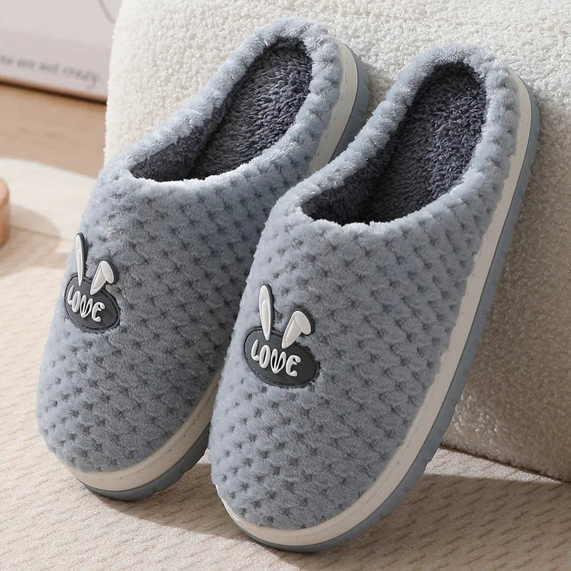 Women's plaid rabbit design artificial fur house slippers with thick rubber soles