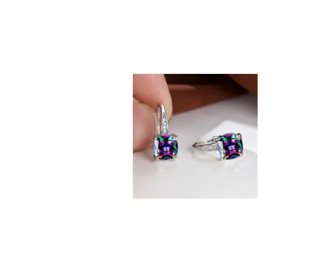 Square geometric ear clip with colourful moissanite inlays in gold electroplated finish
