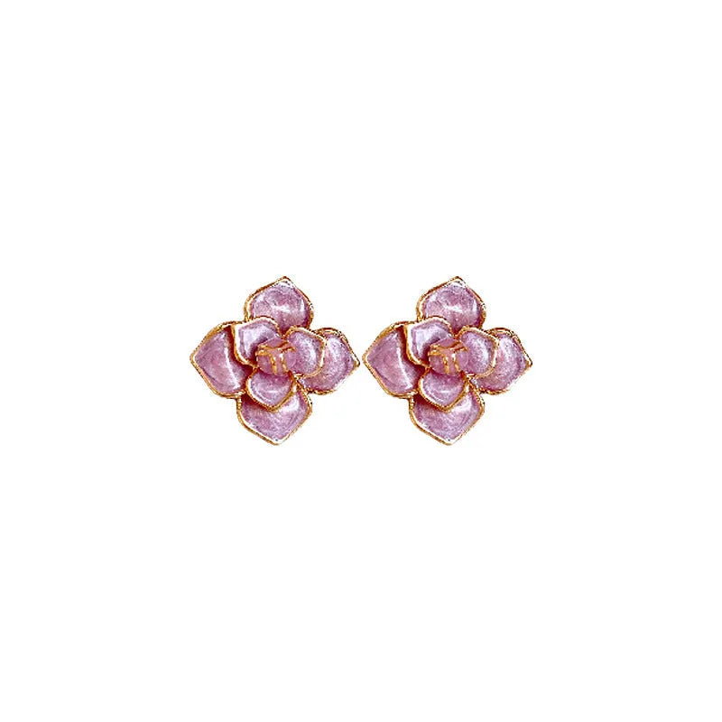 Purple oil-spot glaze flower stud earrings with gold-plated silver needle detailing on copper base