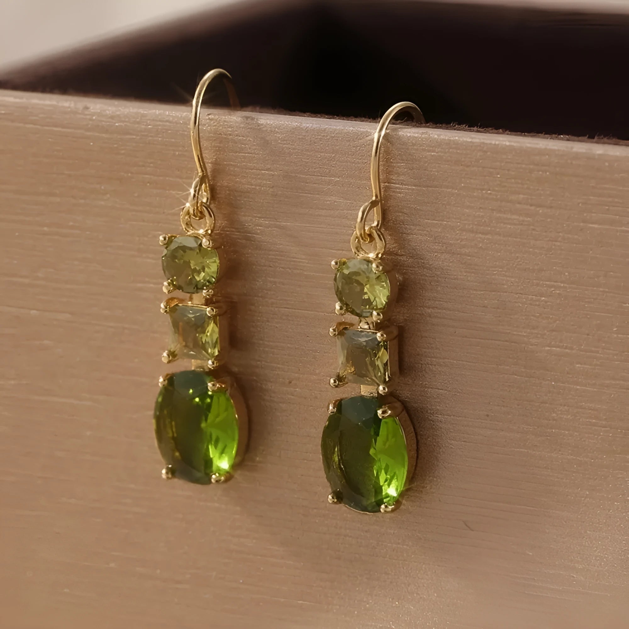 Green copper geometric earrings with quadrilateral shape and retro bohemian style